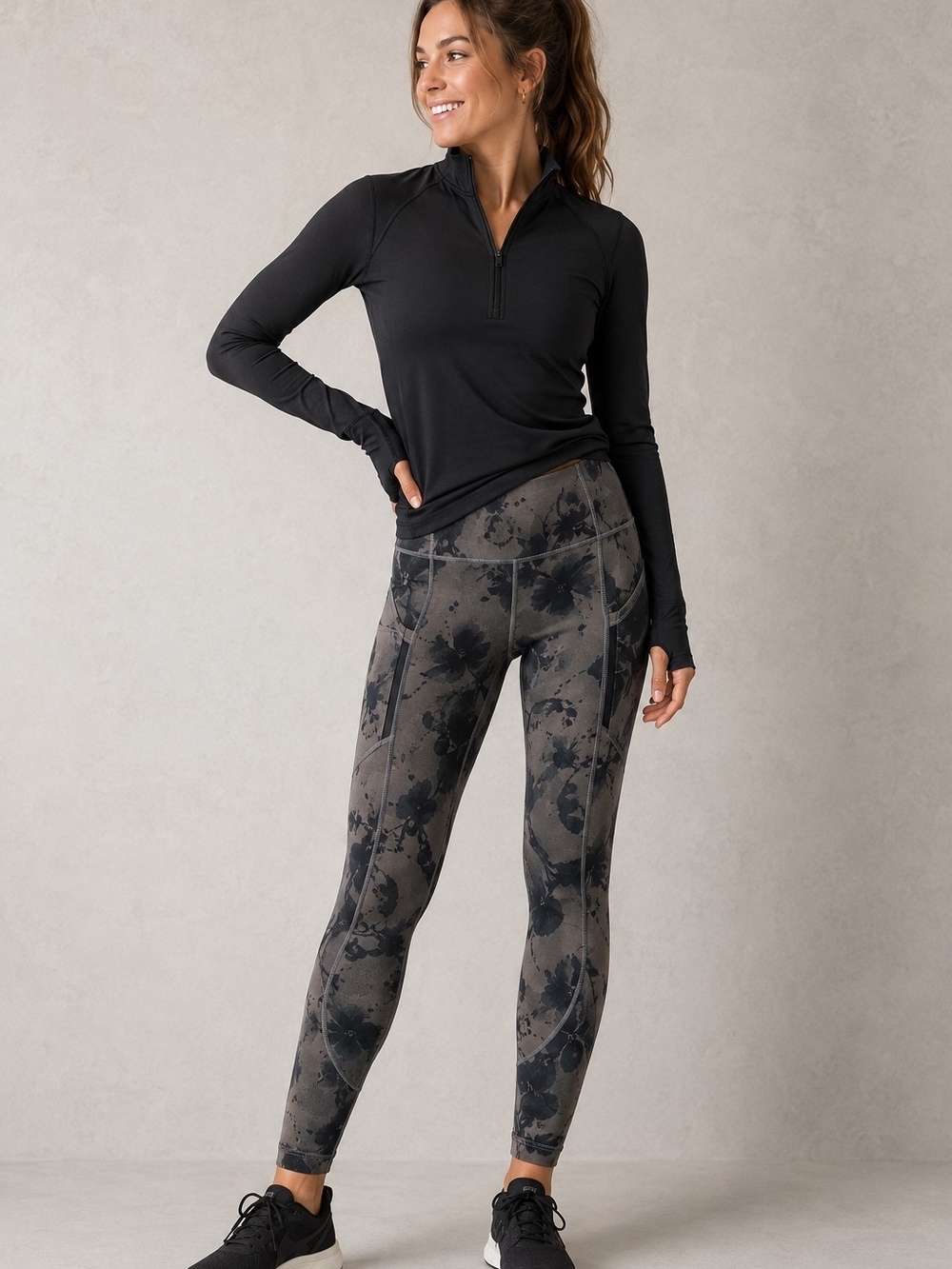Athleta Rainier Reflective Tight XS Gray Black Floral Running Leggings